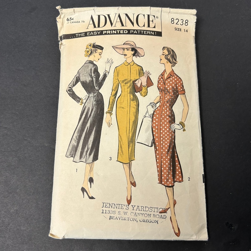 Vintage 50's Advance Sewing Pattern 8238 Misses Size 14 Dress HTF RARE